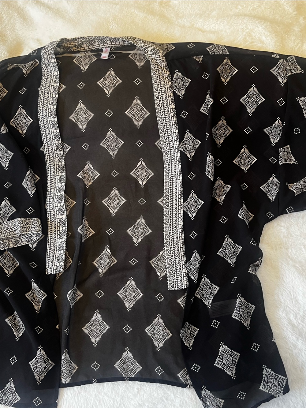 Black Sheer Kimono Top with White Geometric Print
